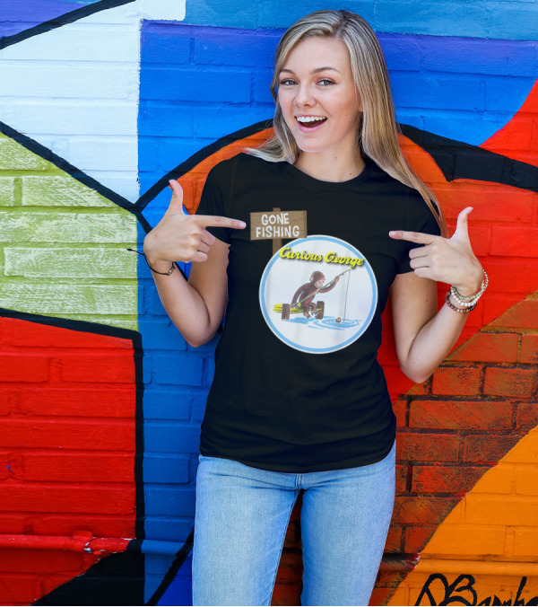 Curious George Gone Fishing Sign And Circle Scene T-Shirt