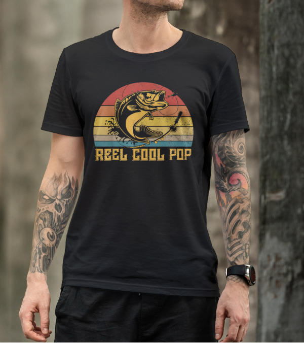 Father's Day Vintage Fishing Reel Cool Pop Retro Bass Sunset T-Shirt