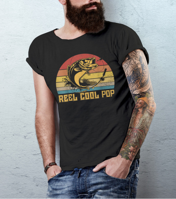 Father's Day Vintage Fishing Reel Cool Pop Retro Bass Sunset T-Shirt