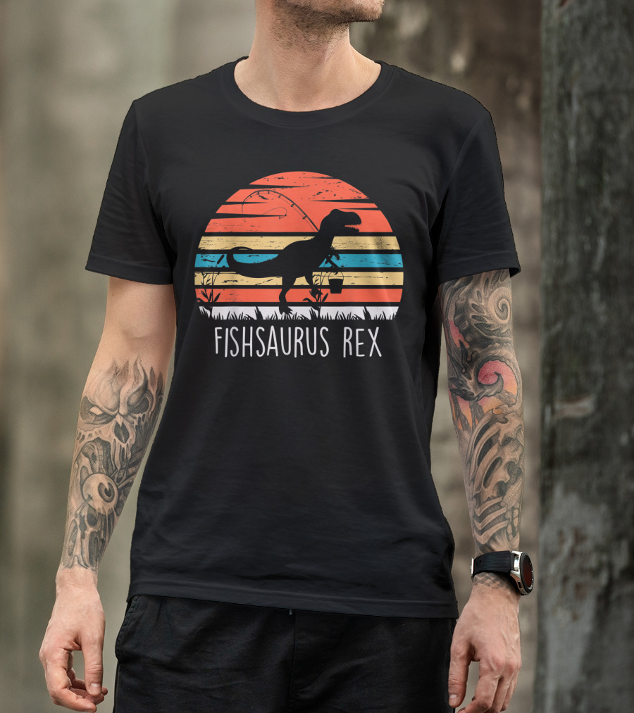 Fathers Day Fishsaurus Rex Dinosaur Fishing Vintage Sunset T-Shirt