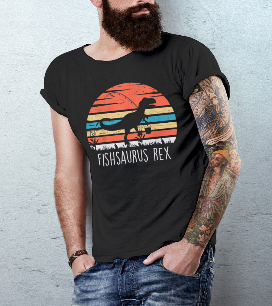 Fathers Day Fishsaurus Rex Dinosaur Fishing Vintage Sunset T-Shirt