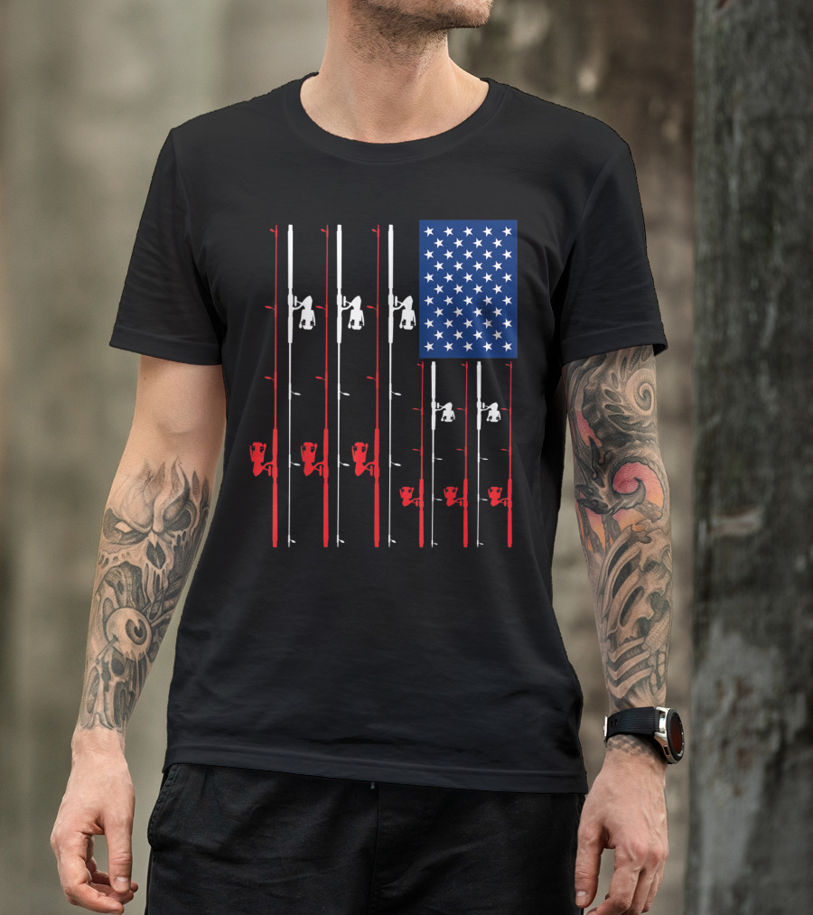 Fishing Rod US Flag Cute Fish Hunting American Patriotic Iconic T-Shirt