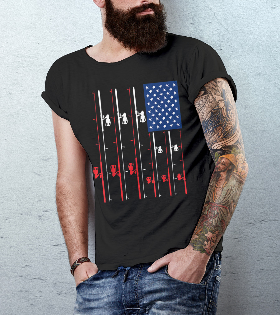 Fishing Rod US Flag Cute Fish Hunting American Patriotic Iconic T-Shirt