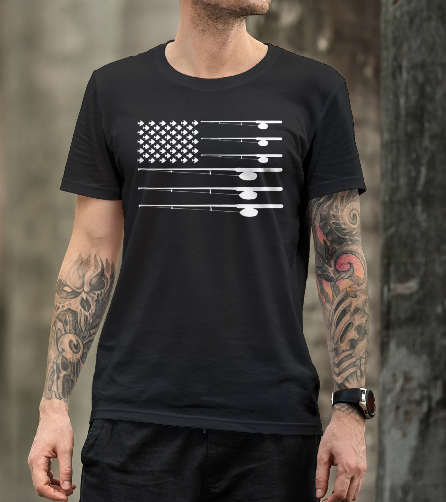 FLY ROD FISHING American Flag Fishersman T-Shirt