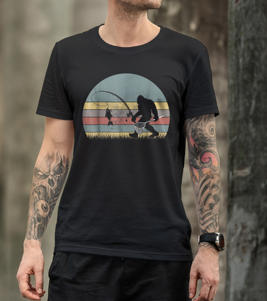 Bigfoot Fishing Retro Stripes T-Shirt