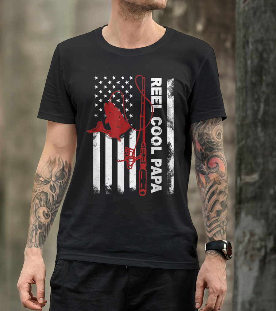 Reel Cool Papa American Flag Fishing Rod And Fish T-Shirt
