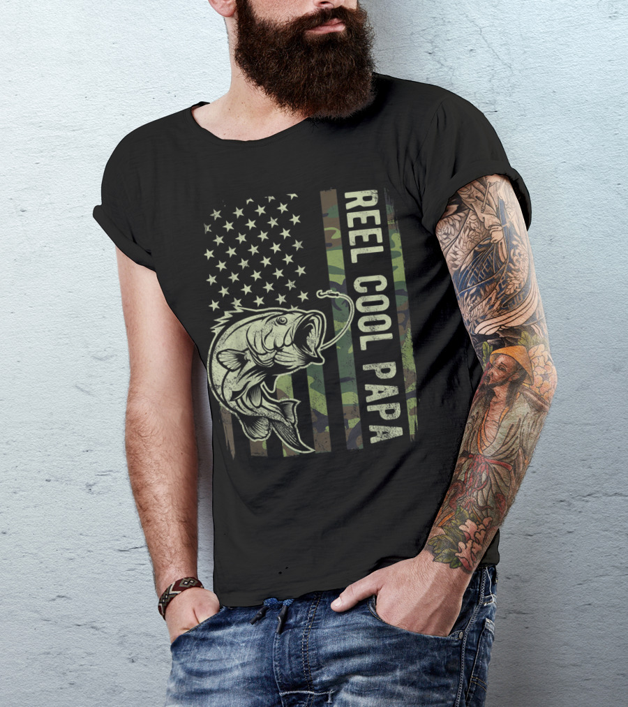 Reel Cool Papa Camouflage American Flag Fathers Fishing T-Shirt