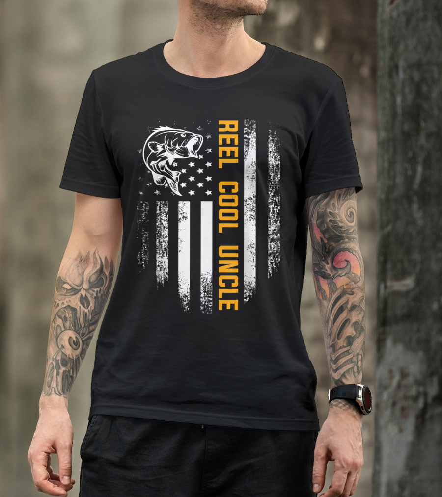 Reel Cool Uncle Vintage Flag Fishing Father Bass American Flag T-Shirt