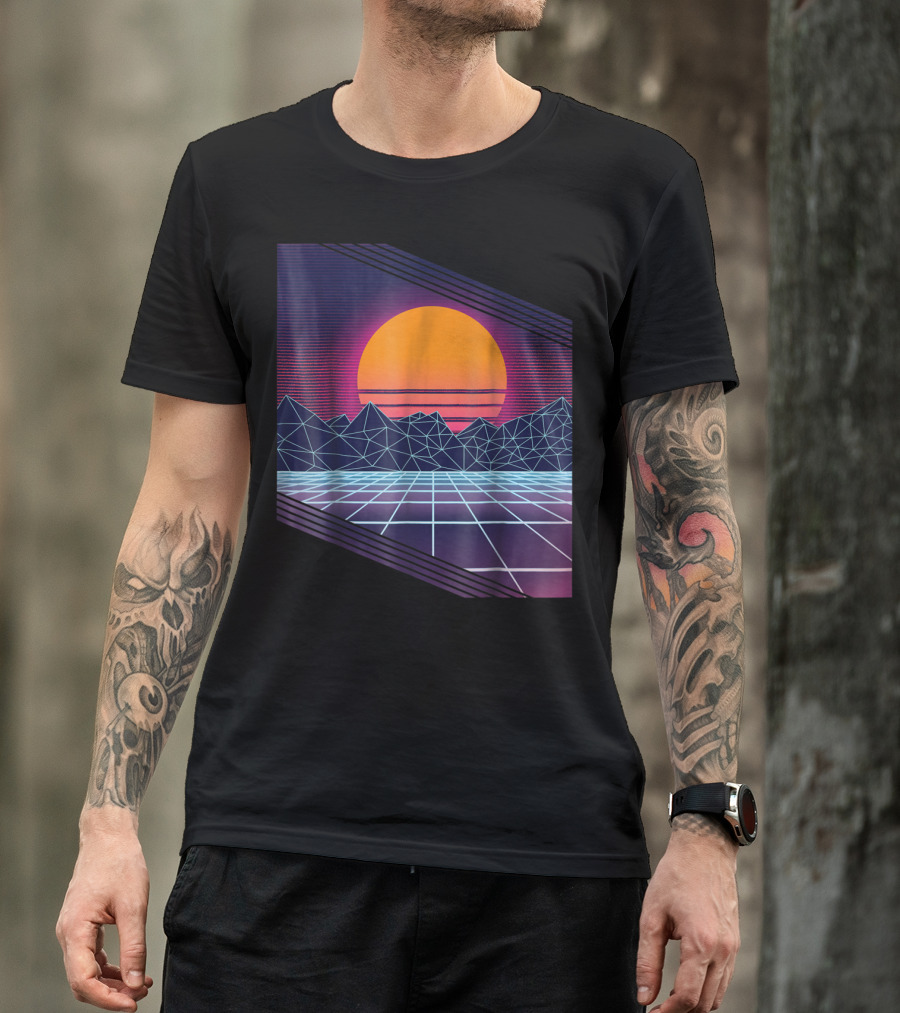 Vaporwave Synthwave Cyber Sunset With Neon Grid And Mountains T-Shirt