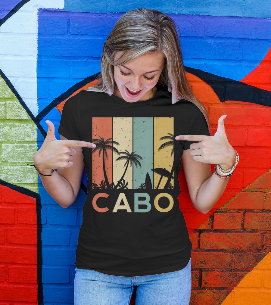 Retro Cabo San Lucas Mexico Tropical Palm Sunset Surfboard T-Shirt
