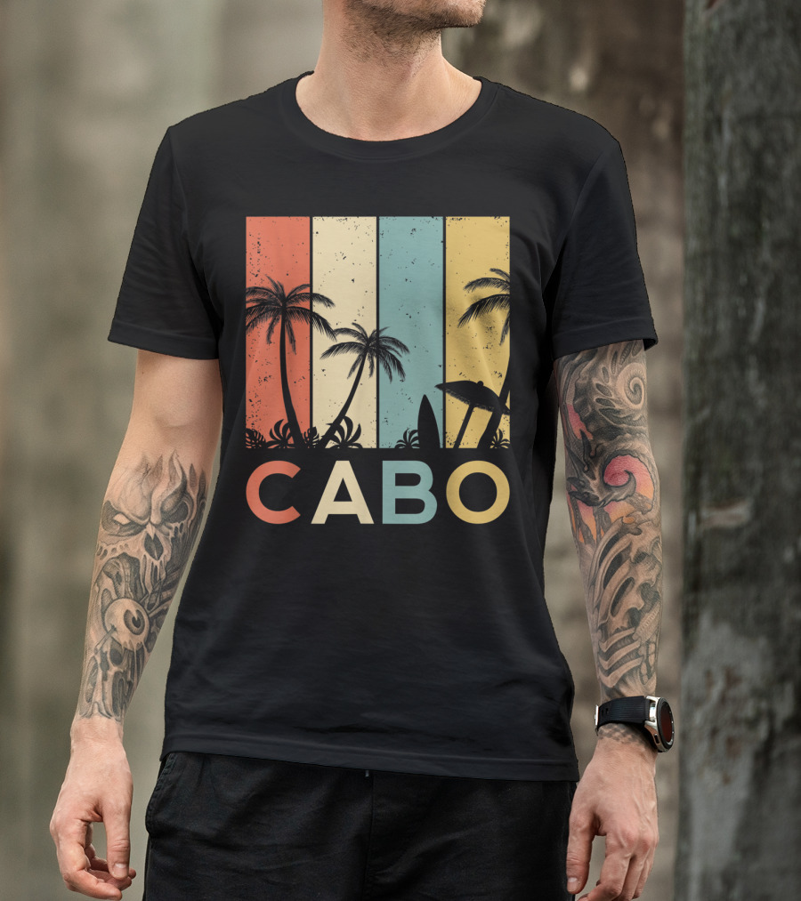 Retro Cabo San Lucas Mexico Tropical Palm Sunset Surfboard T-Shirt