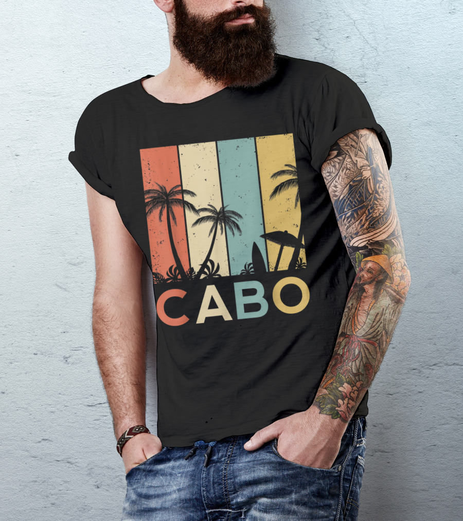 Retro Cabo San Lucas Mexico Tropical Palm Sunset Surfboard T-Shirt