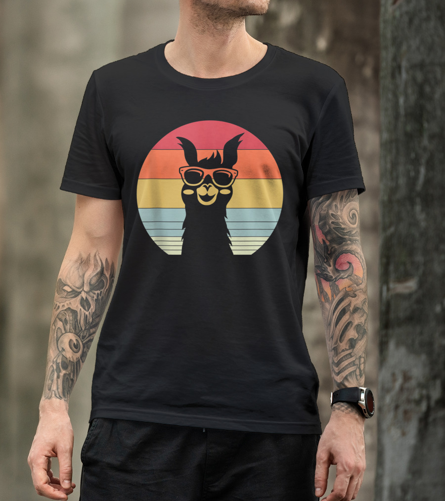 Retro Vintage Best Llama Dad Ever Father's Day Sunset Stripes T-Shirt