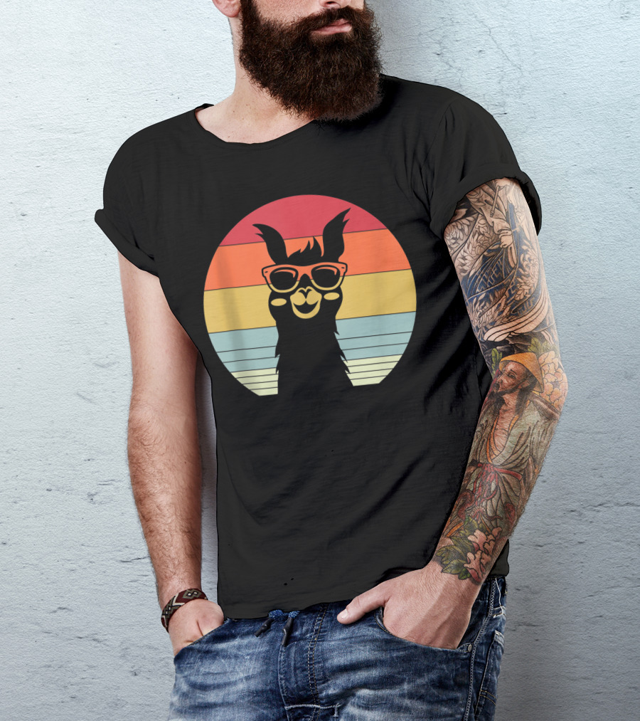 Retro Vintage Best Llama Dad Ever Father's Day Sunset Stripes T-Shirt