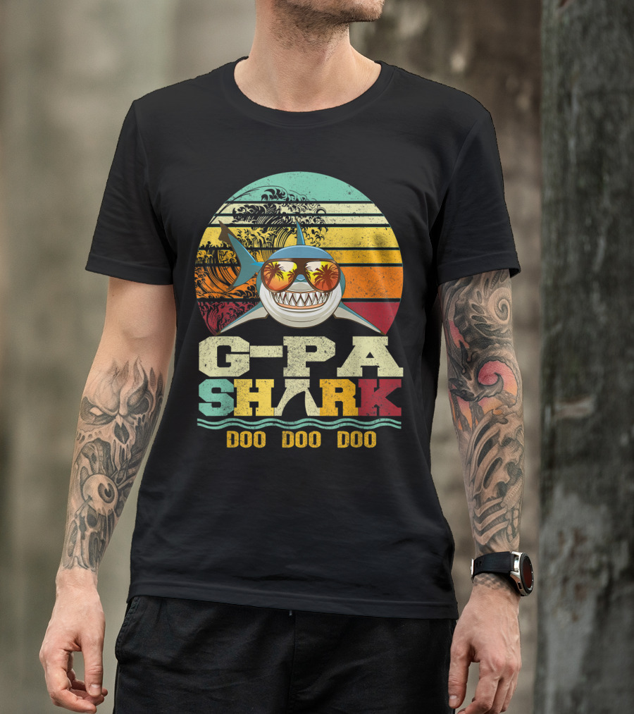 G Pa Shark Doo Doo Doo Retro Vintage Beach Sunset Wave Sunglasses Palm Trees T-Shirt