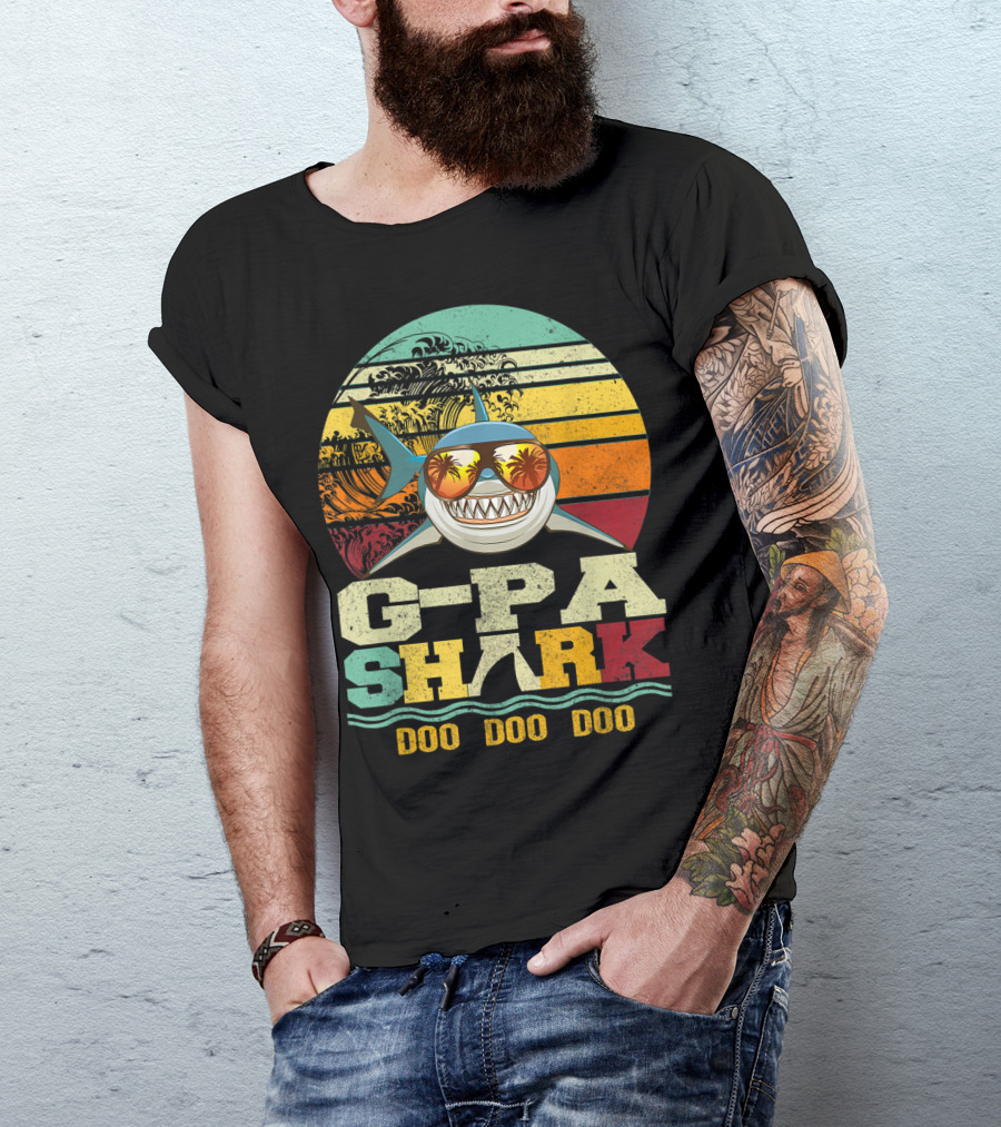 G Pa Shark Doo Doo Doo Retro Vintage Beach Sunset Wave Sunglasses Palm Trees T-Shirt