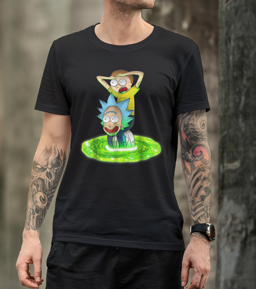 Rick And Morty Emerging From Green Portal Adventure T-Shirt