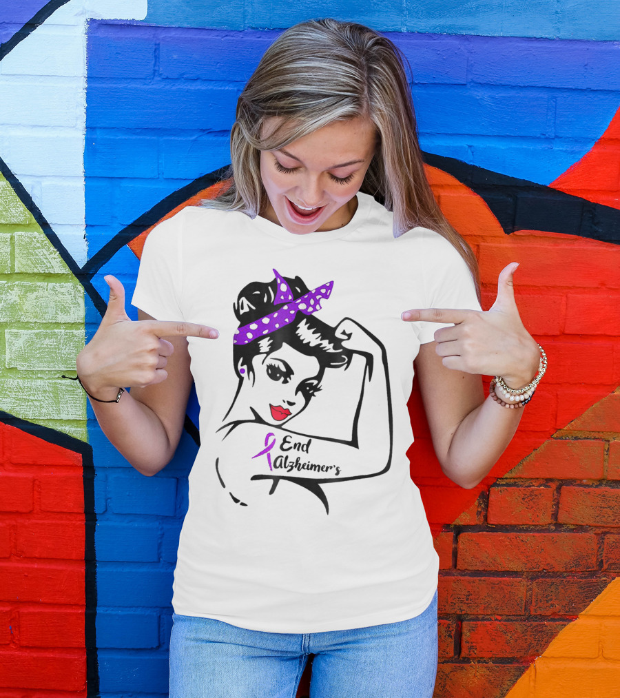 Strong Woman End Alzheimer's Awareness Purple Ribbon Rosie The Riveter T-Shirt