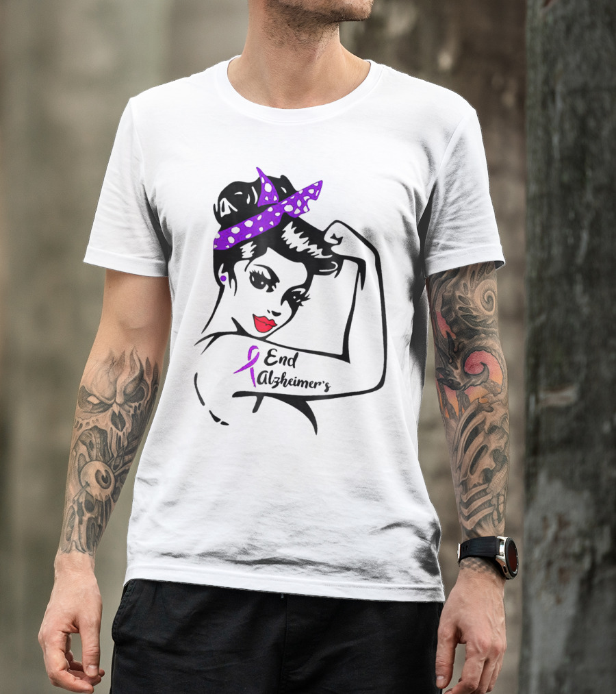 Strong Woman End Alzheimer's Awareness Purple Ribbon Rosie The Riveter T-Shirt