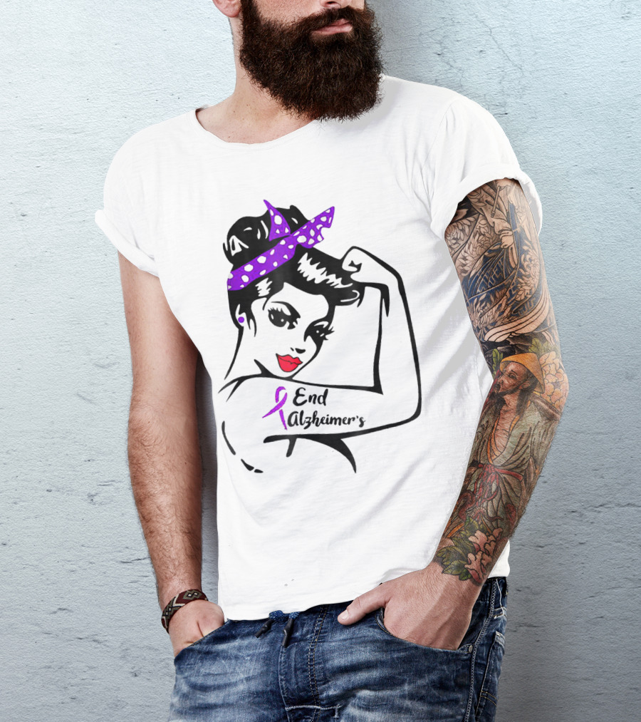 Strong Woman End Alzheimer's Awareness Purple Ribbon Rosie The Riveter T-Shirt