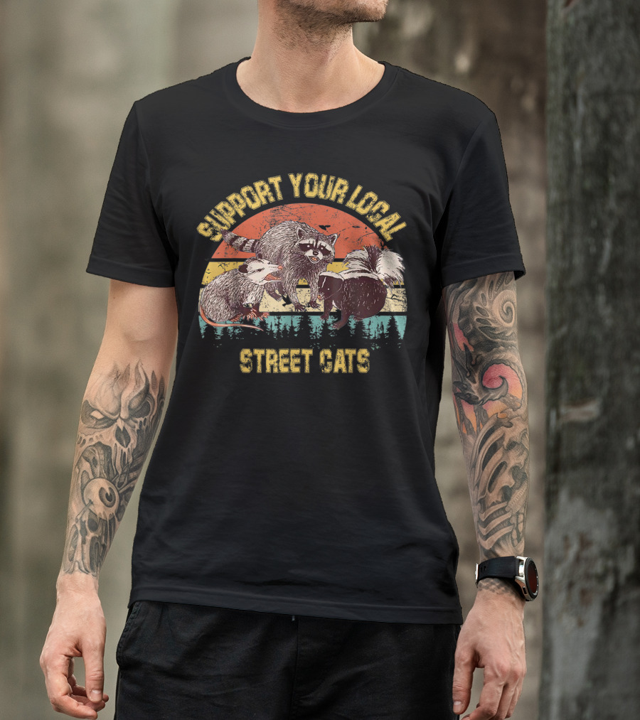 Support Your Local Street Cats Raccoon Opossum Skunk Vintage Sunset T-Shirt