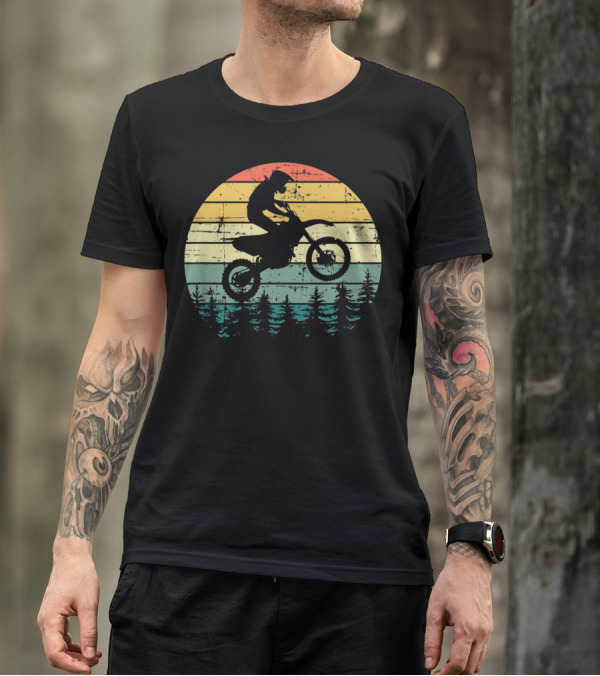Vintage Motocross Sunshine Dirt Bike Silhouette Forest Retro T-Shirt