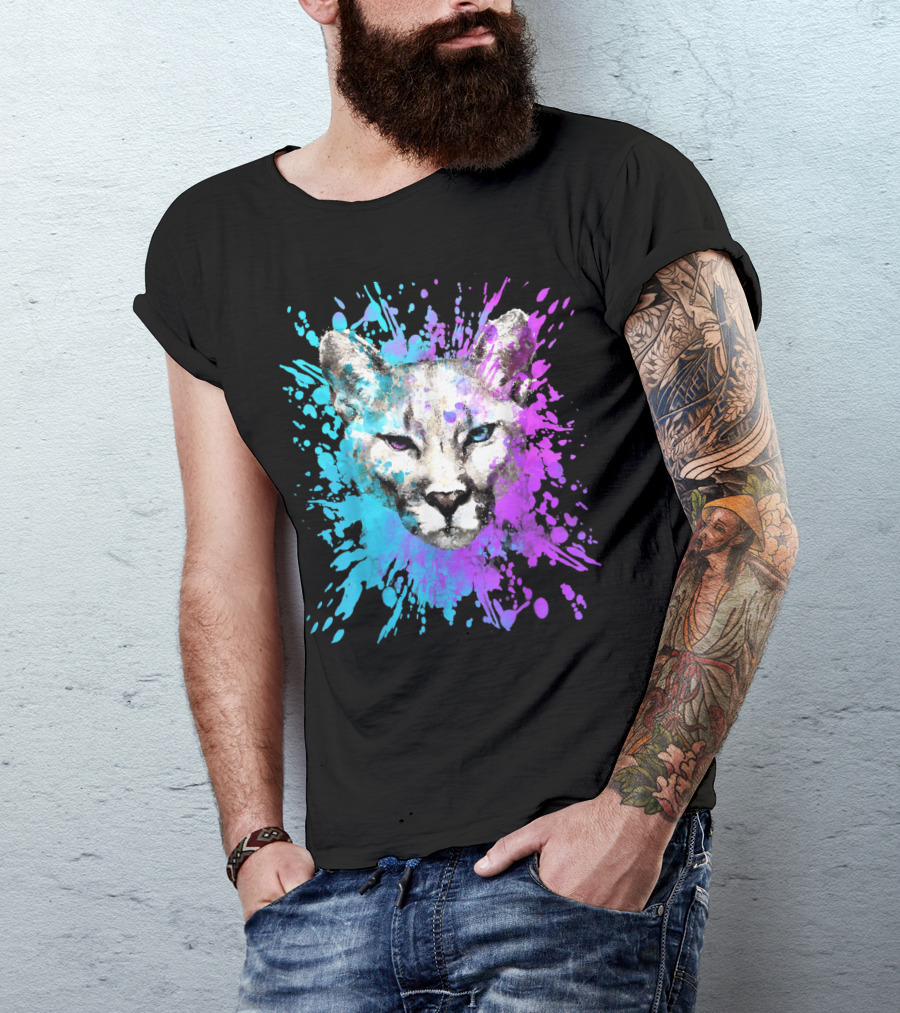 Watercolour Cougar Mountain Lion Artsy Splatter T-Shirt