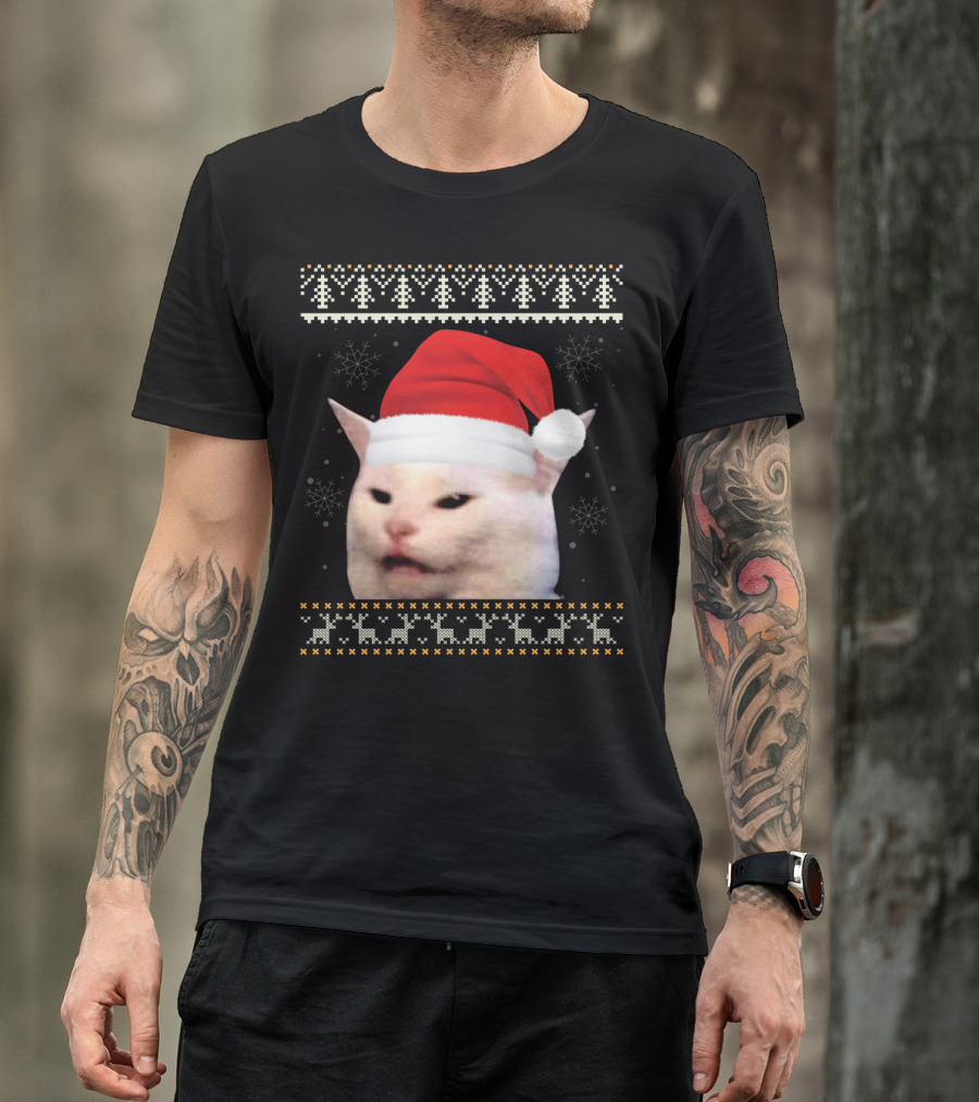 Confused Cat With Red Santa Hat And Christmas T-Shirt