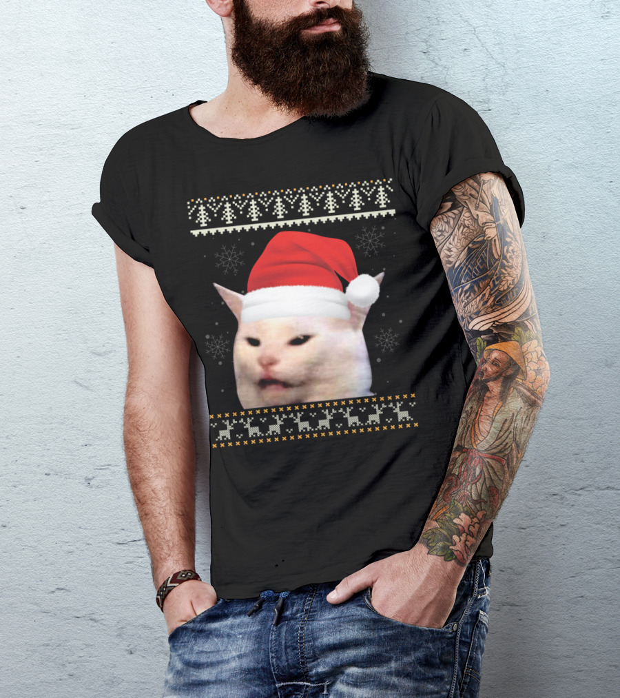 Confused Cat With Red Santa Hat And Christmas T-Shirt