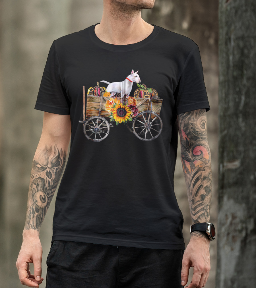 Bull Terrier Sunflower And Pumpkin Wagon In Country T-Shirt