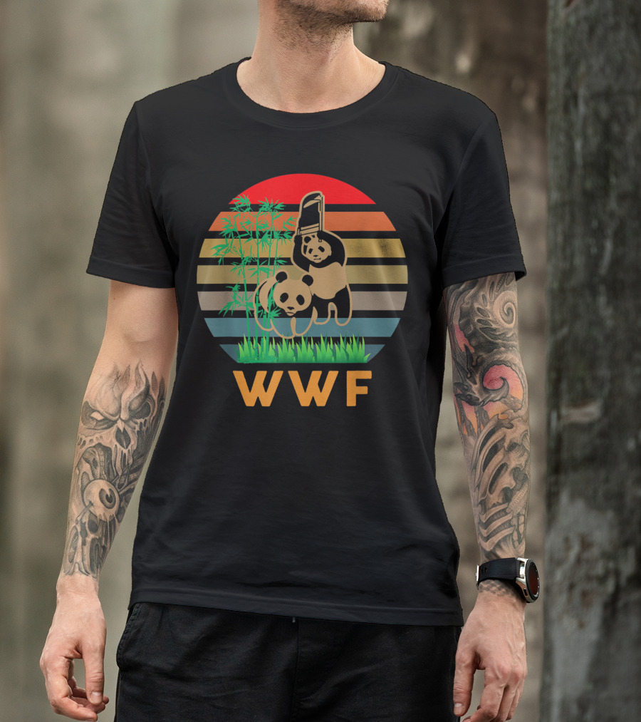 WWF Panda Bears With Bamboo And Retro Stripes T-Shirt