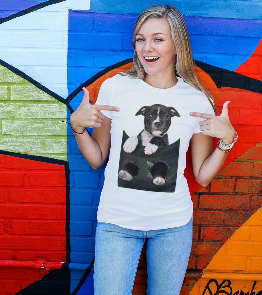 Pitbull Puppy Poking Out From Pocket T-Shirt