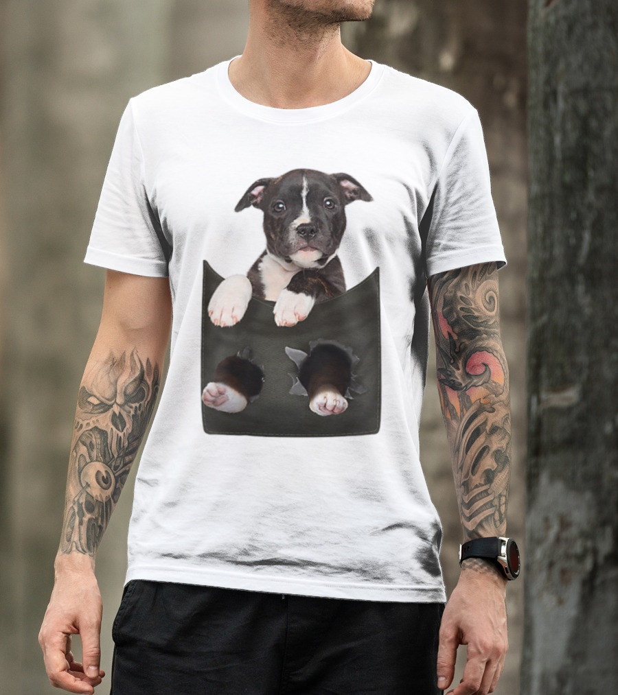 Pitbull Puppy Poking Out From Pocket T-Shirt