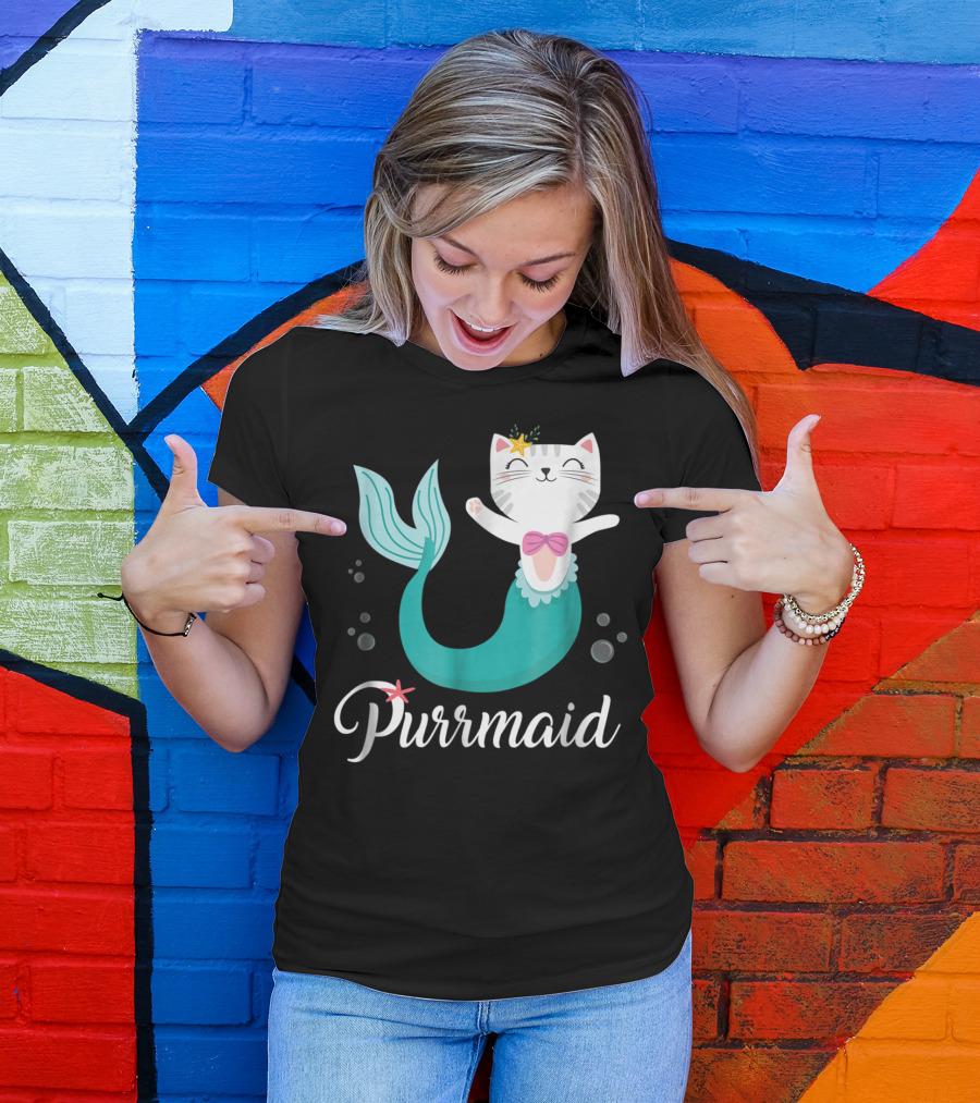 Purrmaid Cat Mermaid For Girls With Star And Bow T-Shirt