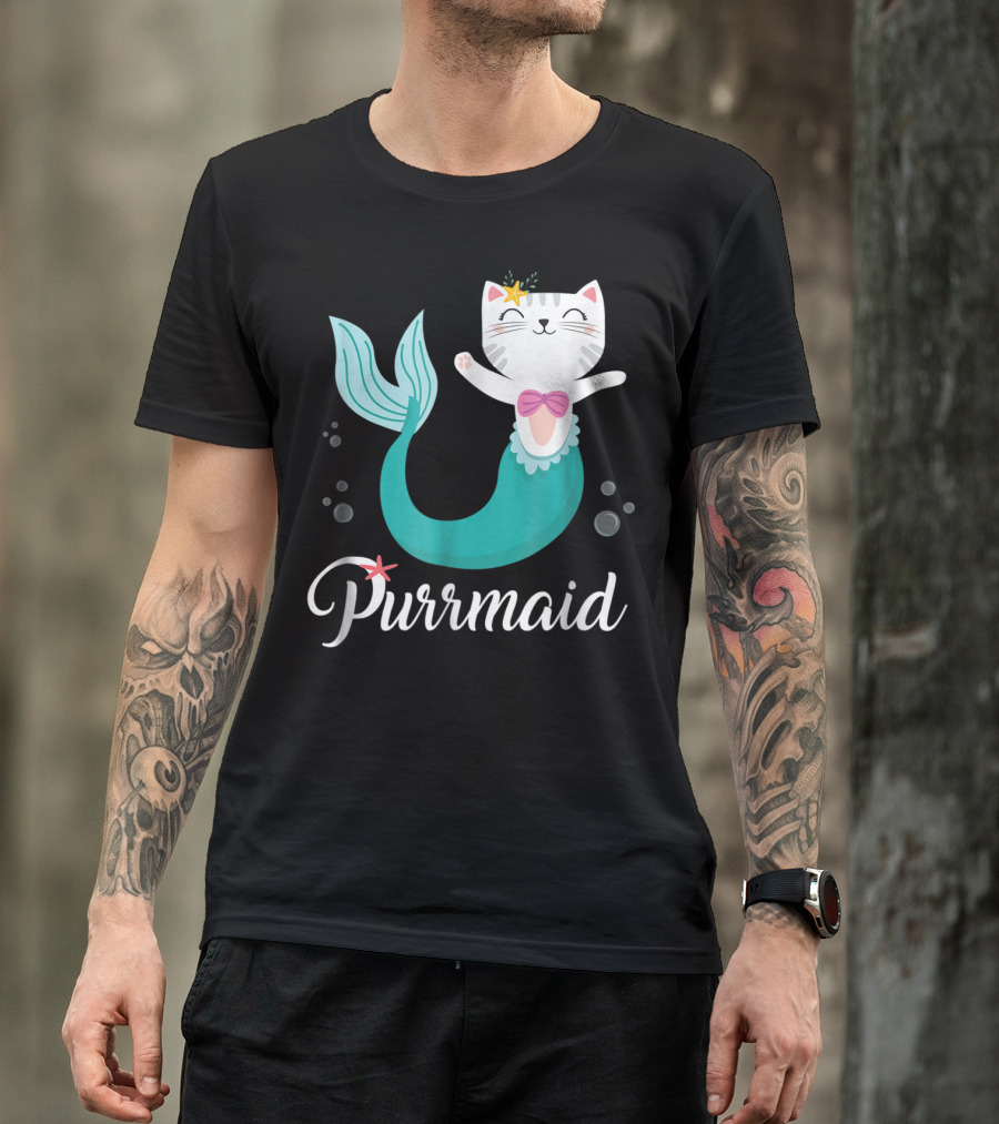 Purrmaid Cat Mermaid For Girls With Star And Bow T-Shirt