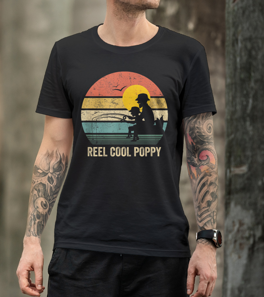 Reel Cool Poppy Vintage Fisherman Father's Retro Style Sun T-Shirt