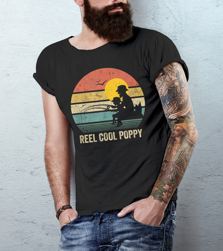 Reel Cool Poppy Vintage Fisherman Father's Retro Style Sun T-Shirt