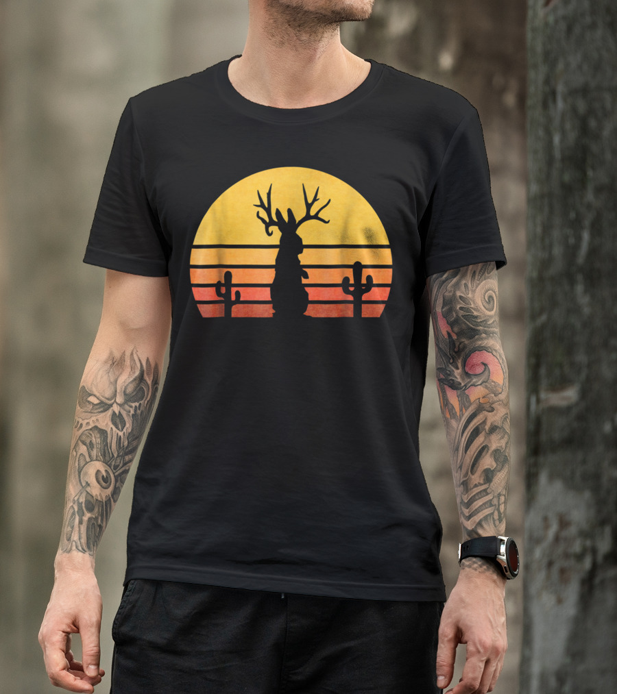 Retro Eighties Sunset Jackalope Silhouette With Cactus Vintage Cryptid T-Shirt