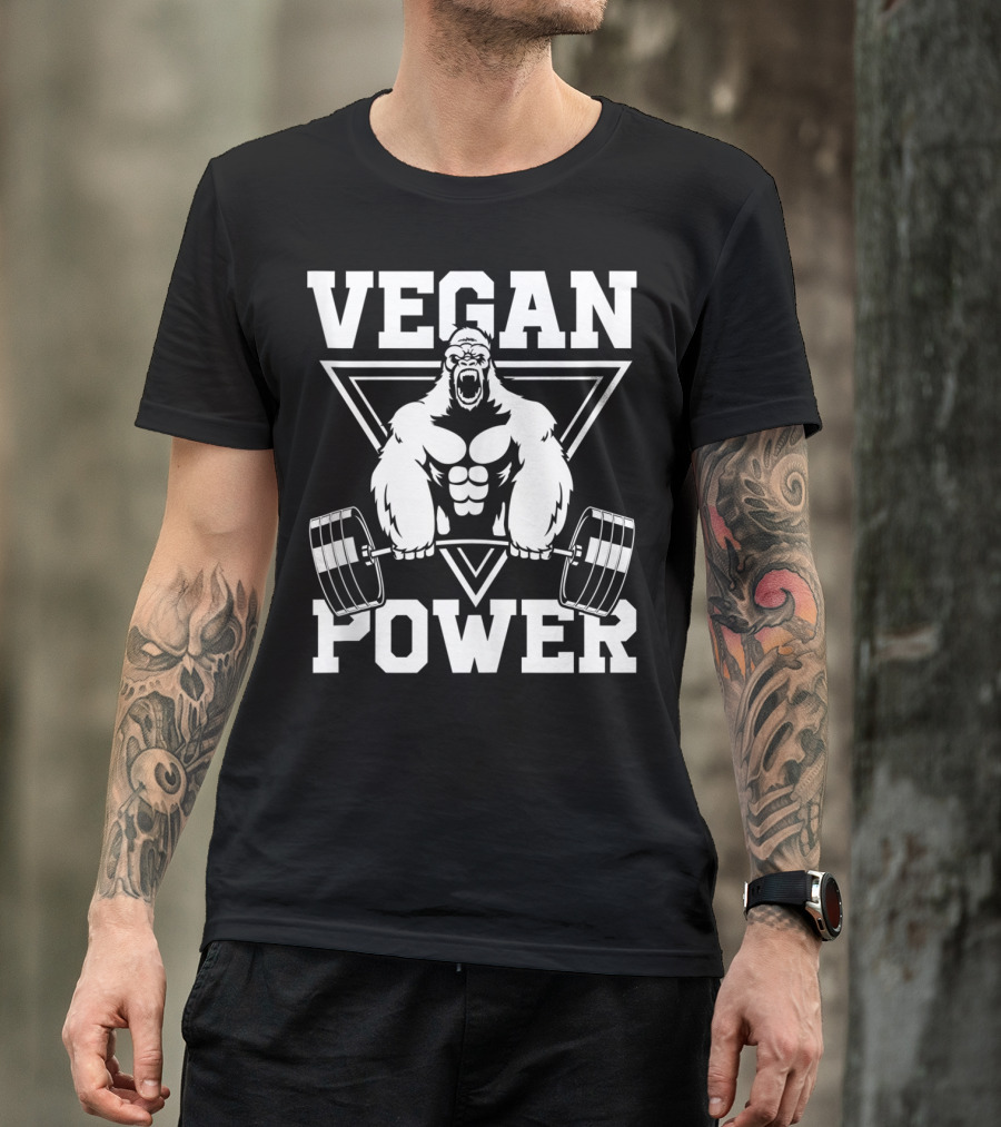Vegan Power Gorilla Weightlifting Strength Fitness T-Shirt
