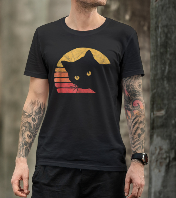 Vintage Eighties Style Cat Distressed Silhouette Retro Sunset T-Shirt