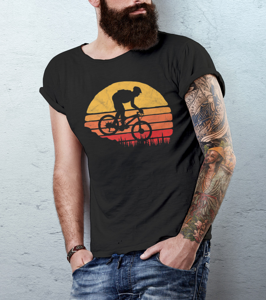Vintage Mountain Biking Sunset Silhouette Forest Trail T-Shirt