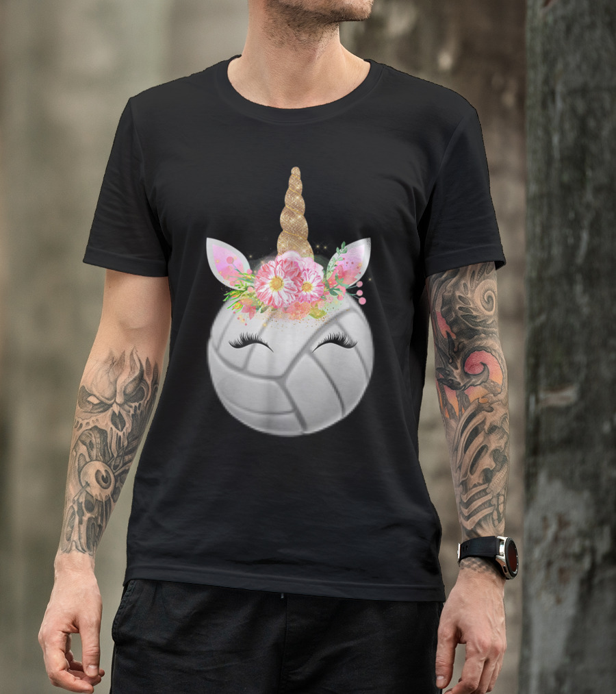 Volleyball Unicorn Funny Sport Love Girls Magical Flower Horn T-Shirt