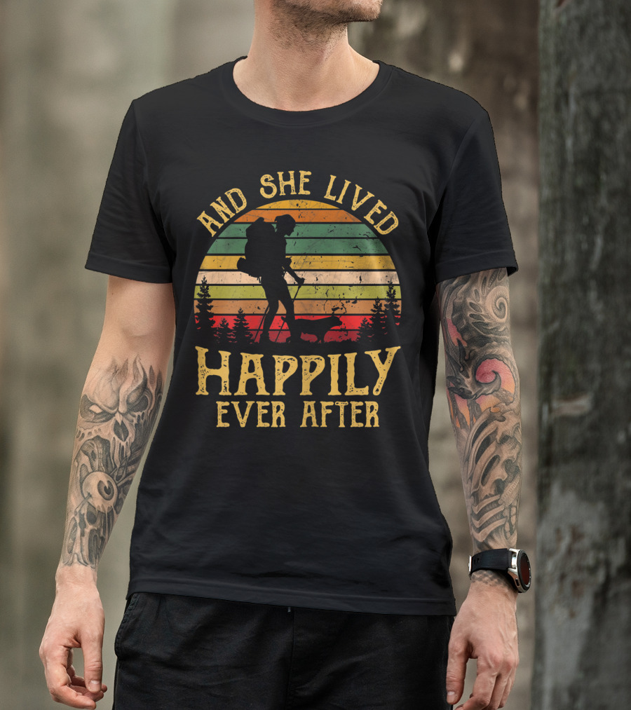 And She Lived Happily Ever After Hiking Vintage Sunset Forest T-Shirt