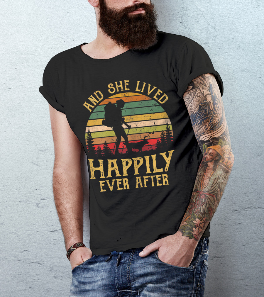 And She Lived Happily Ever After Hiking Vintage Sunset Forest T-Shirt