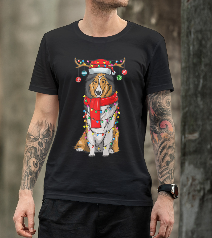 Christmas Cute Collie Dog Wrapped In Holiday Lights With Santa Hat And Antlers T-Shirt