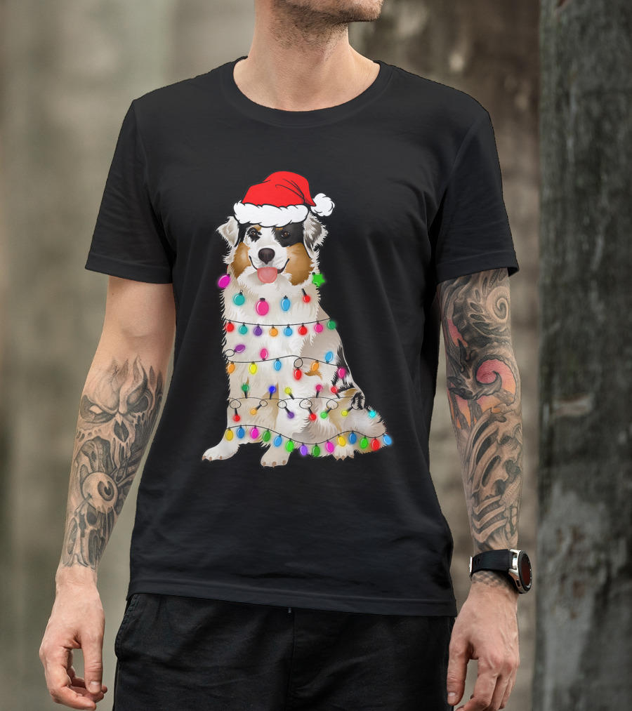 Australian Shepherd Wrapped In Christmas Lights With Santa Hat T-Shirt