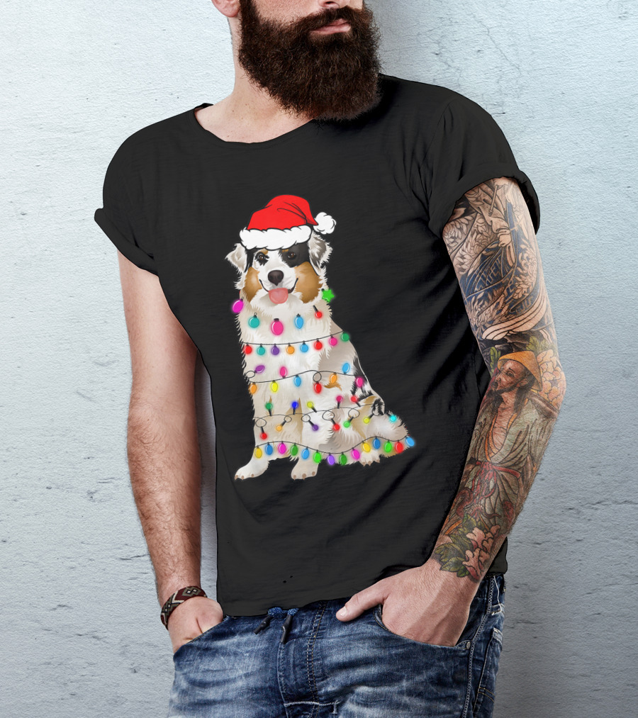 Australian Shepherd Wrapped In Christmas Lights With Santa Hat T-Shirt