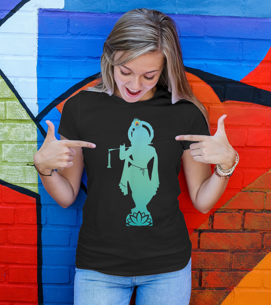 Divine Glory Lord Krishna Flute Silhouette With Peacock Feather And Lotus T-Shirt