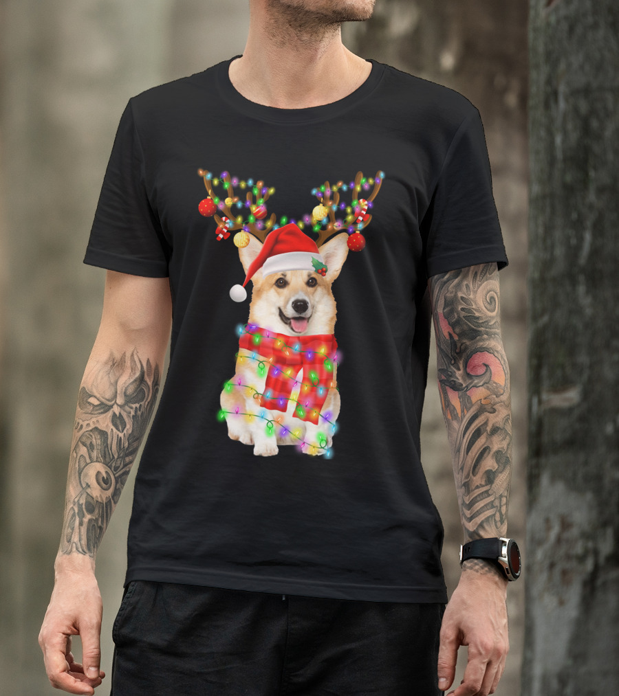 Funny Christmas Corgi Reindeer With Santa Hat And Festive Lights T-Shirt