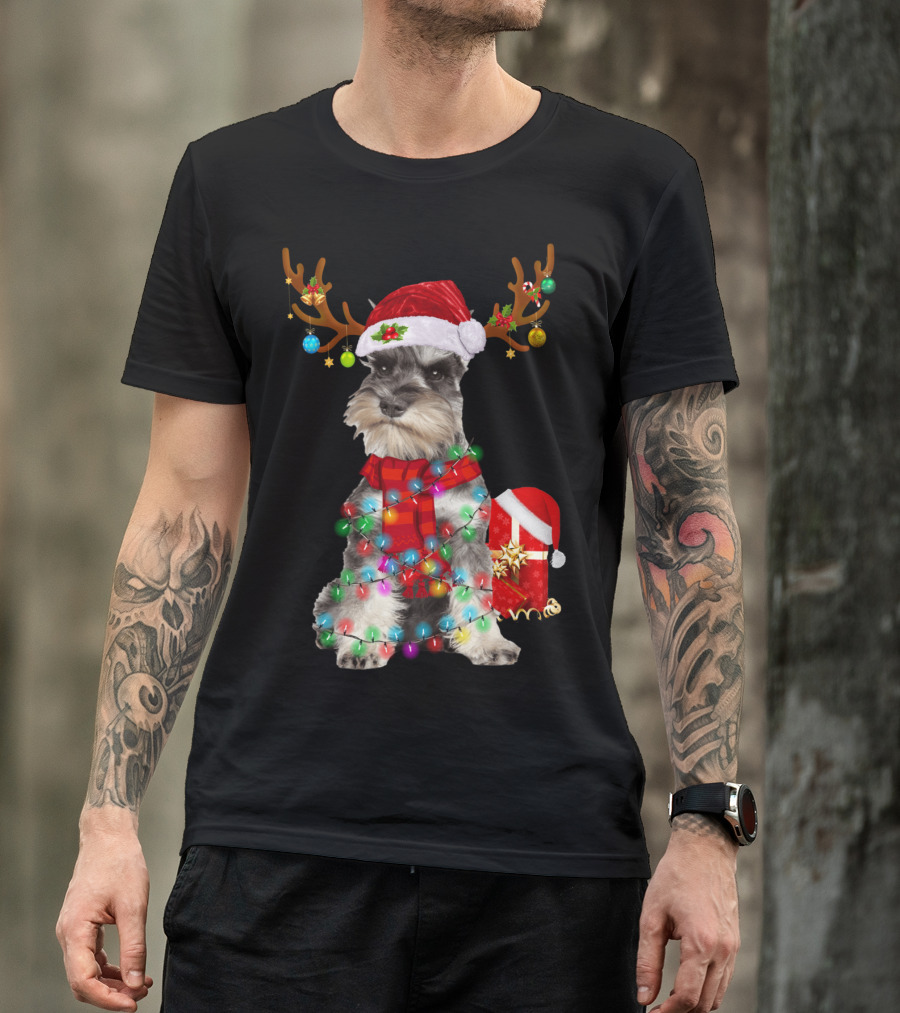 Funny Santa Hat Reindeer Miniature Schnauzer Christmas Lights T-Shirt